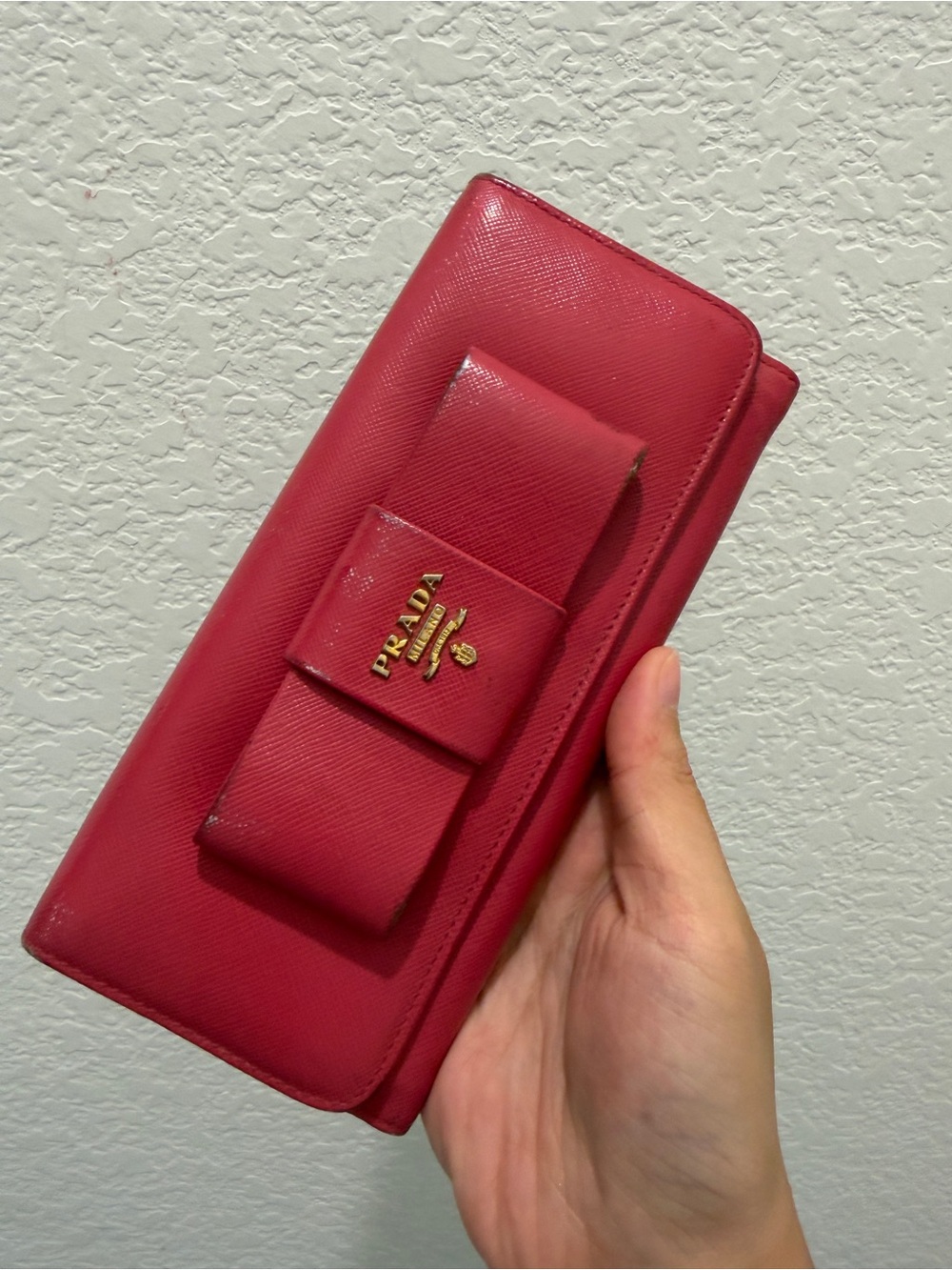 Prada Pink Saffiano Leather Bow Continental Wallet with Gold Logo